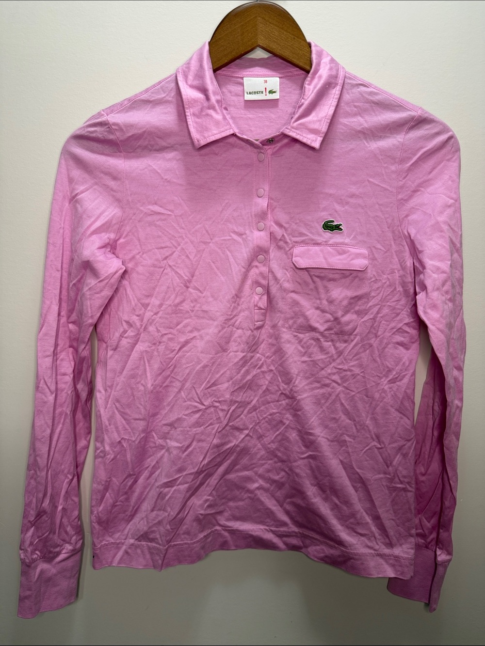 Lacoste Long-Sleeve Pink Polo with Crocodile Logo Size 38 or 23x18